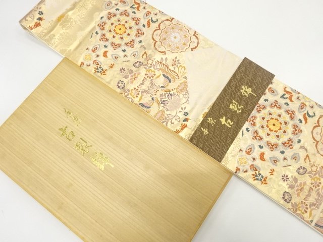 JAPANESE KIMONO / UNUSED FUKURO OBI / KOGIRE NISHIKI / WOVEN MANDARIN DUCK & FLOWER CREST 